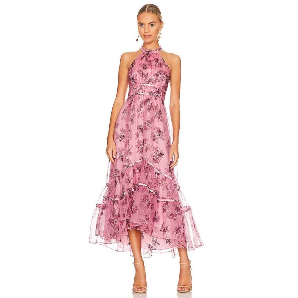 Cinq a Sept Alana Floral Silk Midi Dress Size 14 NWT Halter Neckline Tiered
